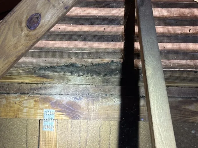 Wooden beams and roof boards inside an attic