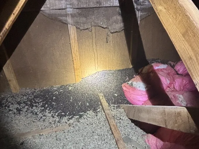 Attic insulation under exposed wooden roof framing